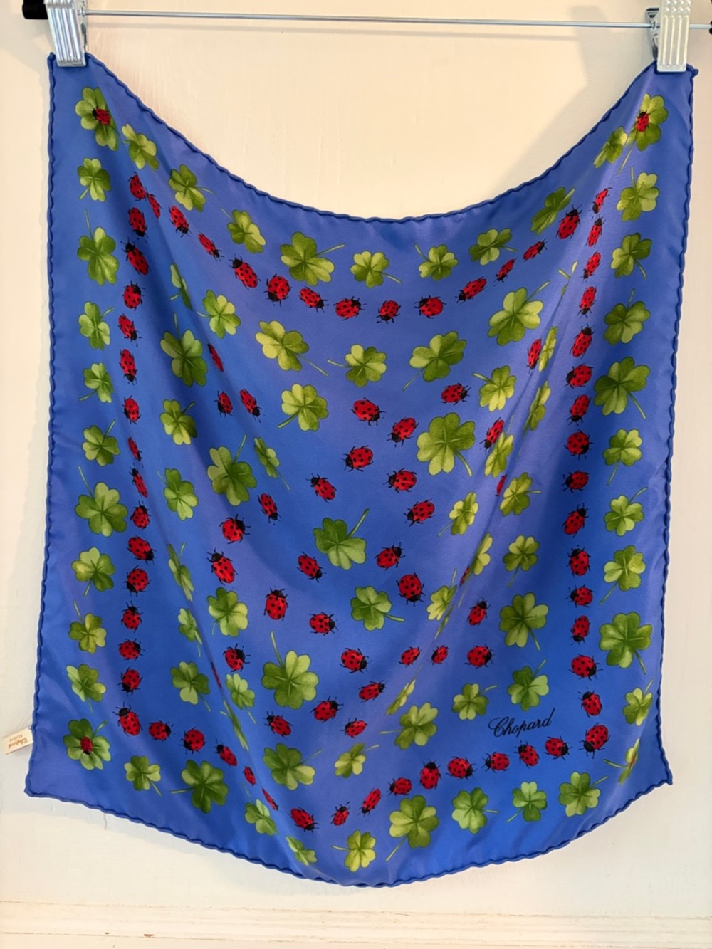 Chopard Royal Blue Silk Scarf with Red Ladybugs and Green Clover Motif